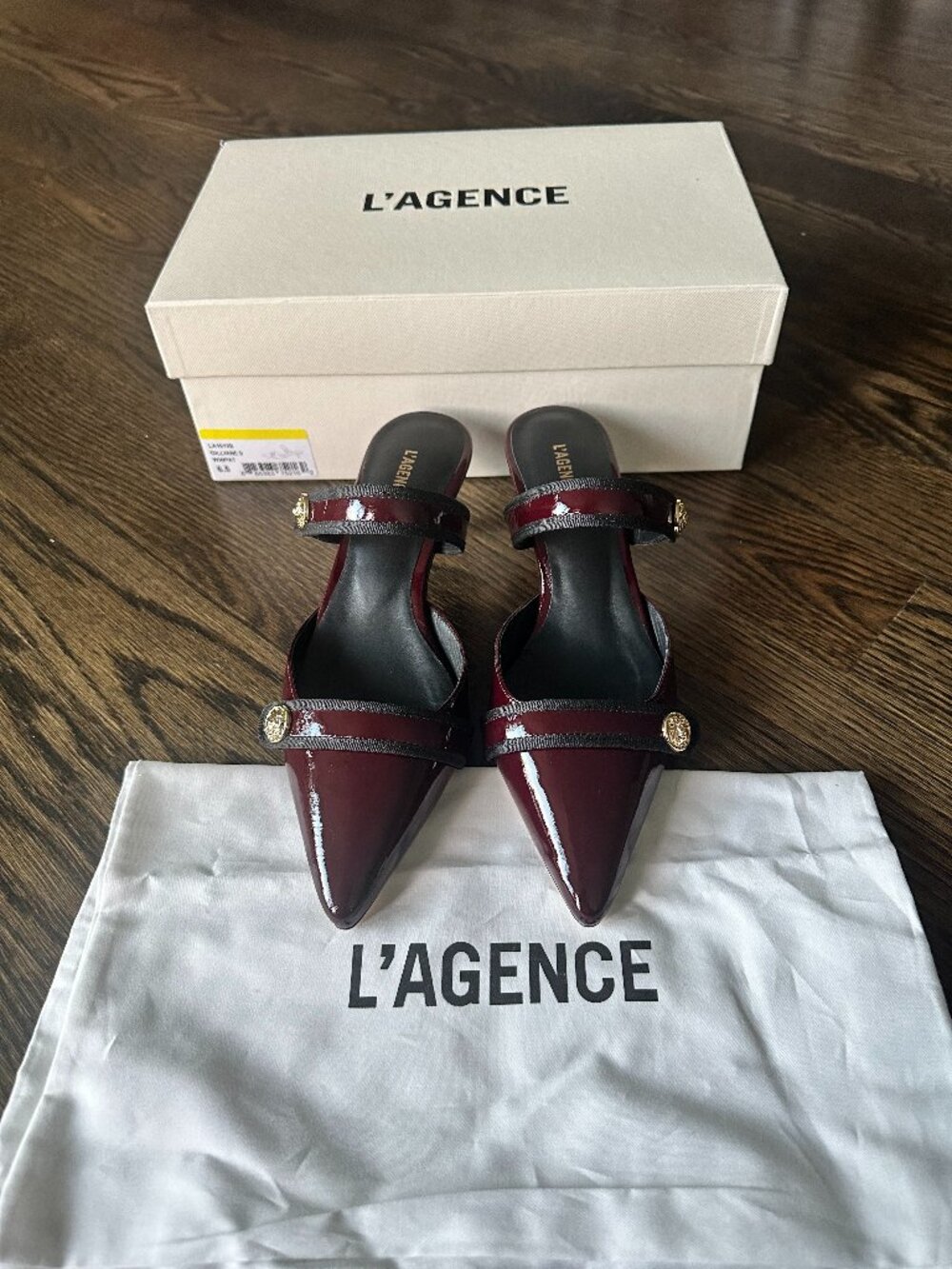L'Agence Gilliane II Wine Patent Leather Kitten Heel Mules Gold Lion Button 6.5